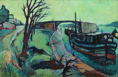Lot 325 - Richard Weisbrod, "Moored Boats in Winter", oil.