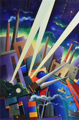 Lot 348 - David Wilde, "Searchlights along the Irwell", acrylic.