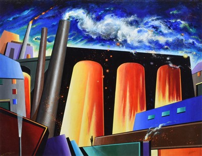 Lot 340 - David Wilde, "Blast Furnace by Night", acrylic.