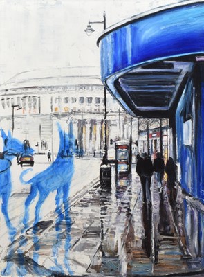 Lot 312 - Emmesse (Michael Smith), "Blue Dogs at Oxford Road, Manchester, oil.