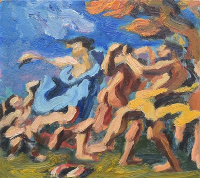 Lot 296 - Mike Knowles, "Bacchanal, after Poussin", oil.