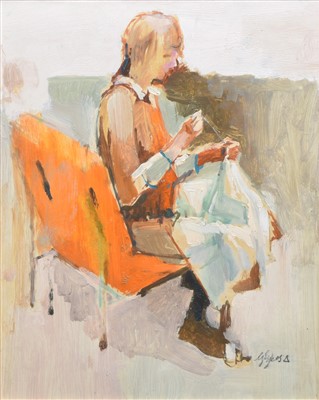 Lot 461 - George Sykes, "Girl Sewing", oil.