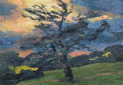 Lot 293 - Mike Knowles, "Dancing Tree, Stormy Evening, Gorse Flowering", oil.