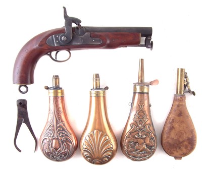 Lot 12 - Reproduction percussion coastguard pistol, three powder flasks, bullet mould and a shot flask