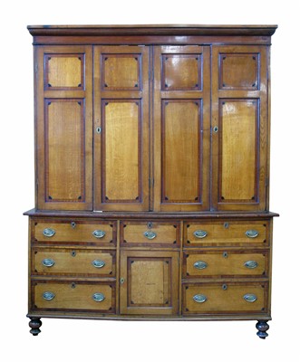 Lot 524 - George III oak and mahogany cross-banded housekeepers cupboard.