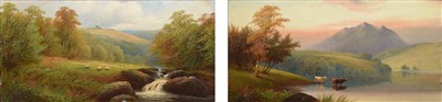 Lot 555 - William Mellor, River landscape with sheep and lake scene with cattle, oil (2).