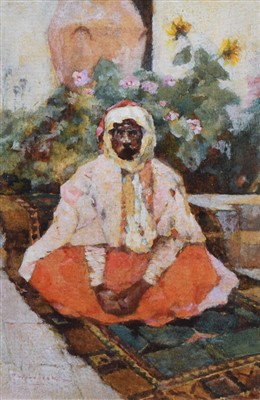 Lot 454 - David Woodlock, Portrait of a seated Arab gentleman, oil.