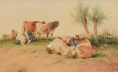 Lot 468 - Frederick E. Valter, Cattle and sheep in a landscape, watercolour.
