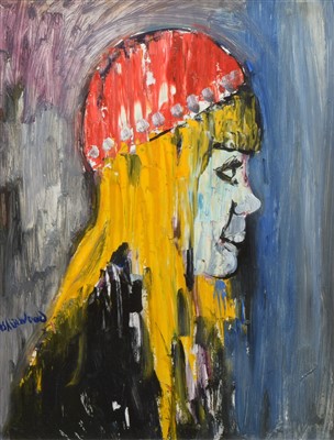 Lot 383 - J. L. Isherwood, "Patti Boyd at Epstein's Funeral", oil.