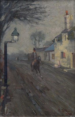 Lot 439 - Ralph Todd, Street scene with horse and rider, oil.
