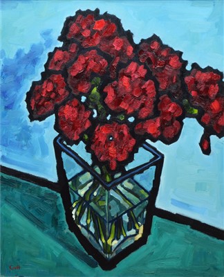 Lot 345 - Malcolm Croft, "Crimson Carnations in a Glass Vase", oil.