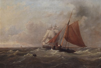Lot 443 - English School, 19th century, Coastal scene with various sailing vessels, oil.