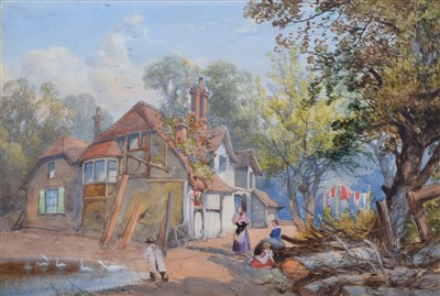 Lot 574 - James Burrell Smith, Figures outside a cottage, watercolour.