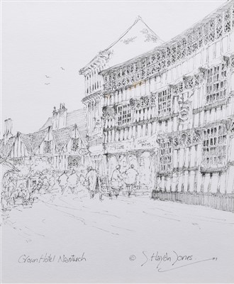 Lot 513 - John Haydn Jones, "Crown Hotel, Nantwich", pen and ink drawing.