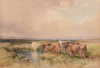 Lot 558 - W.H. Pigott, Highland cattle in a rural landscape, watercolour