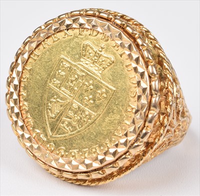 Lot 60 - A King George III, Guinea, 1796 set in 9ct gold ring mount.