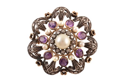Lot 37 - An early 20th century cultured pearl, amethyst and diamond brooch