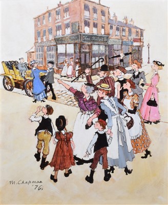 Lot 416 - Margaret Chapman, "Hostile Crowd", oil.