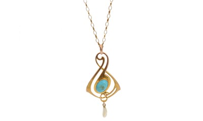 Lot 134 - An Art Nouveau 9ct gold turquoise and pearl pendant