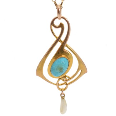 Lot 134 - An Art Nouveau 9ct gold turquoise and pearl pendant