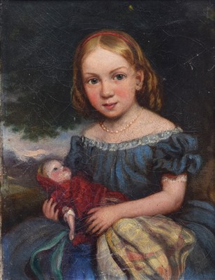 Lot 546 - English School, 19th century, Portrait of a seated girl with a doll, oil.