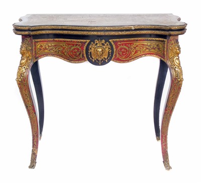 Lot 617 - Victorian ebonised boulle fold-over card table