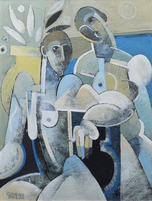 Lot 479 - Geoffrey Key, "Garden Figures II", oil.