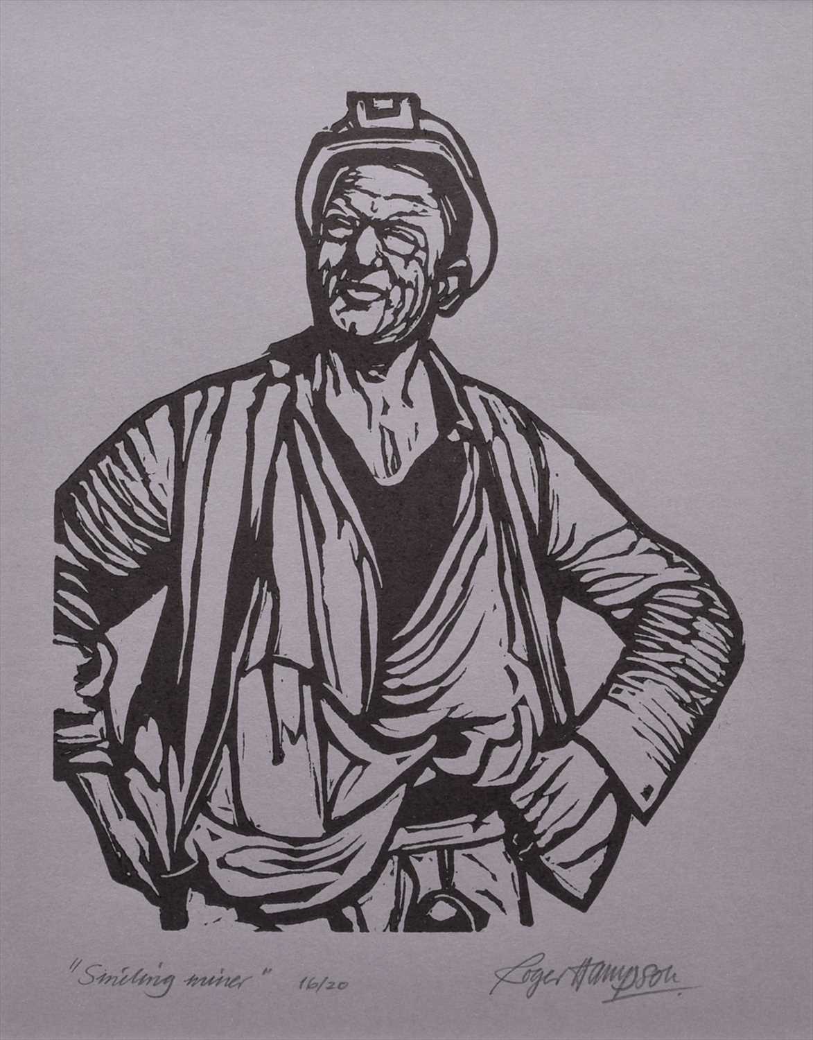 Lot 119 - Roger Hampson, "Smiling Miner", linocut.