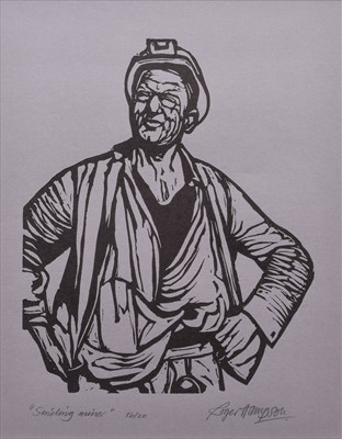 Lot 119 - Roger Hampson, "Smiling Miner", linocut.