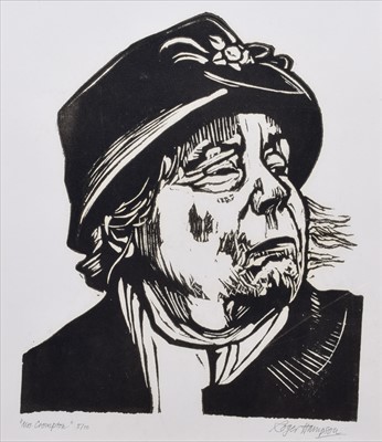 Lot 120 - Roger Hampson, "Mrs Crompton", linocut.