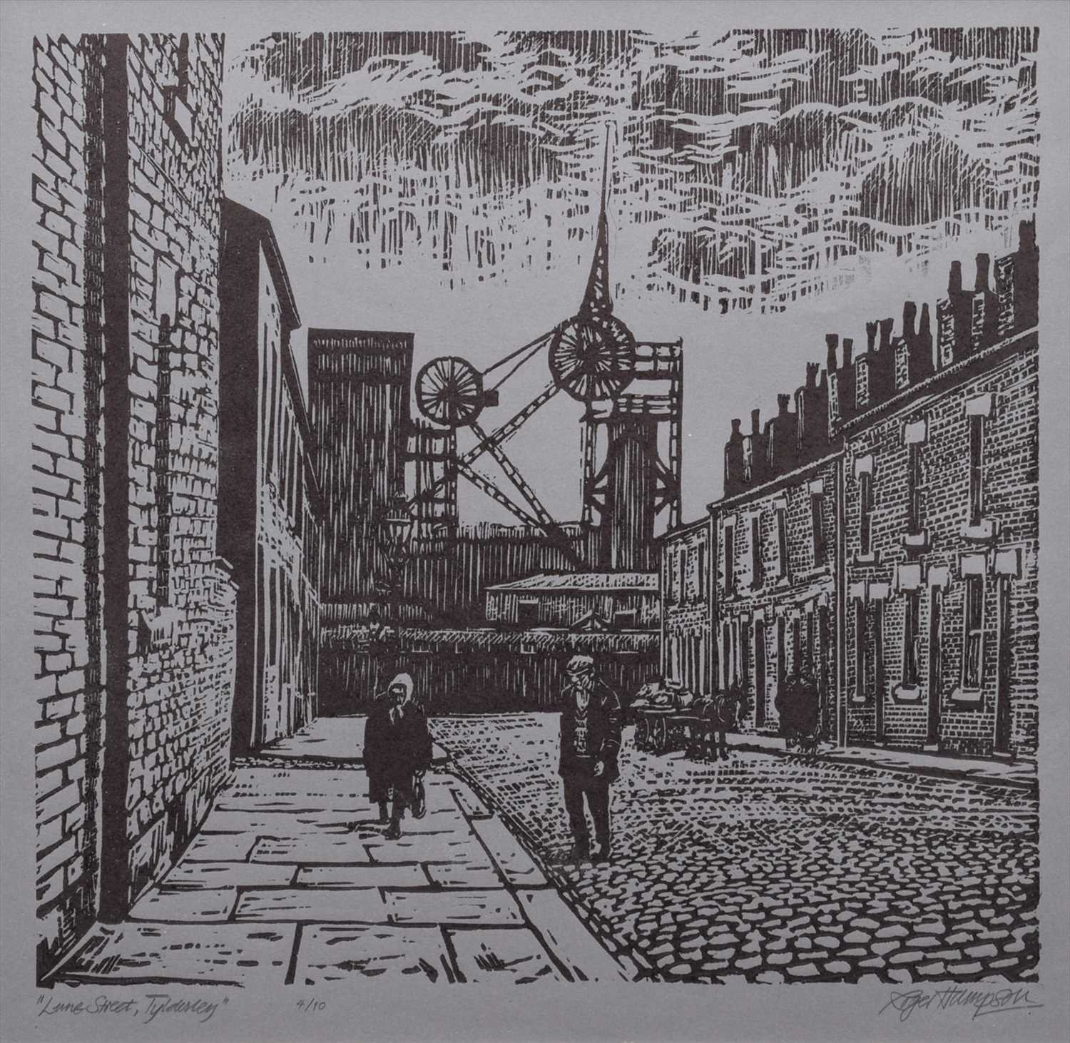 Lot 125 - Roger Hampson, "Lune Street, Tyldesley", linocut.