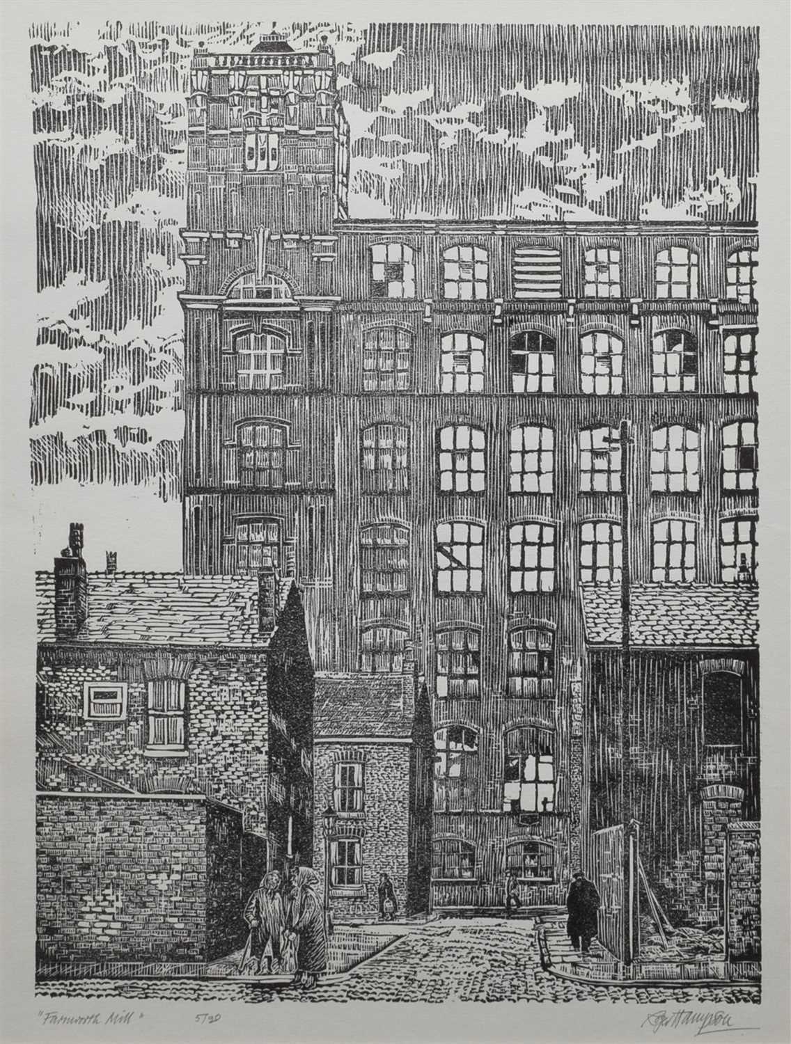 Lot 394 - Roger Hampson, "Farnworth Mill", linocut.