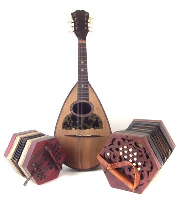 Lot 31 - Roylance twenty six key concertina, also a German 20 key concertina and a Pietro Tonelli mandolin