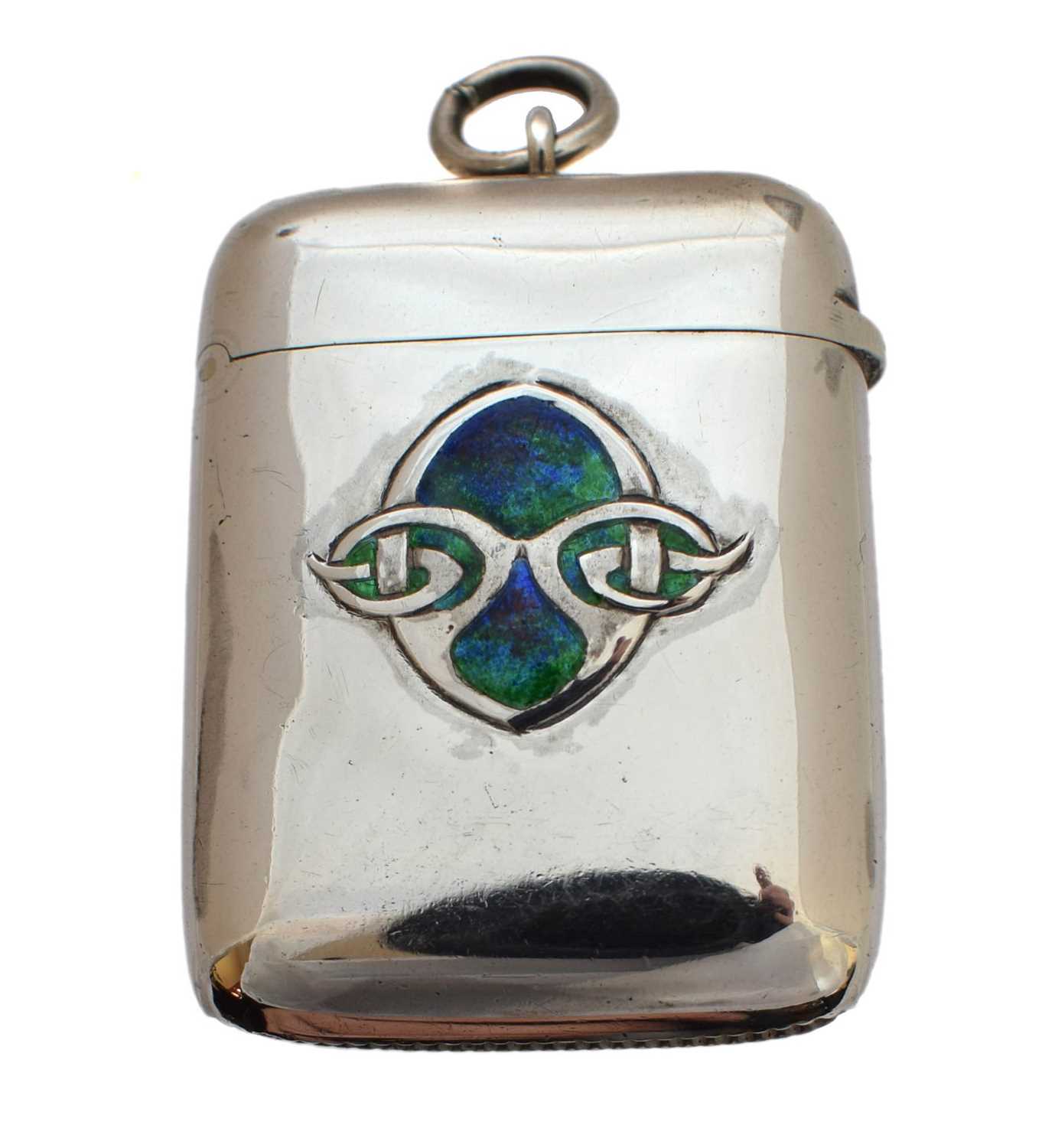 Lot 19 - A Liberty & Co. Cymric silver and enamel vesta case designed by Archibald Knox