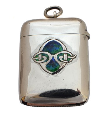 Lot 19 - A Liberty & Co. Cymric silver and enamel vesta case designed by Archibald Knox