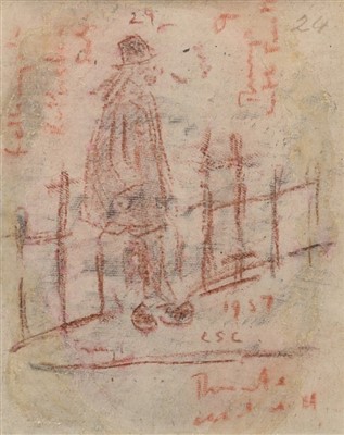 Lot 519 - Style of L.S. Lowry, Figure study alongside railings, red crayon drawing.