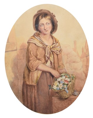 Lot 580 - English School, 19th century, Girl with a basket of flowers, watercolour.