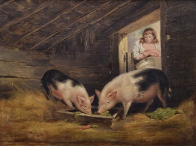 Lot 545 - After George Morland, "Girl and Pigs", oil.