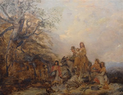 Lot 544 - English School, 19th century, Rural scene with figures and a donkey gathered around a fire, oil.