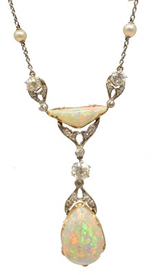 Lot 136 - An early 20th Century opal, diamond and seed pearl necklace