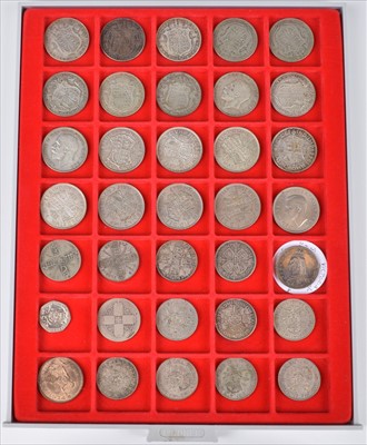 Lot 90 - Lindner tray of Halfcrowns x 20, Florins x 13 and odds (2).
