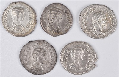 Lot 187 - Denarii of Macrinus, Plautilla, Julia Domna x 2, Julia Soemias, VF to EF (5).