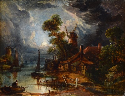 Lot 551 - Attributed to J. Crome, Moonlit river scene with boats and windmill, oil.