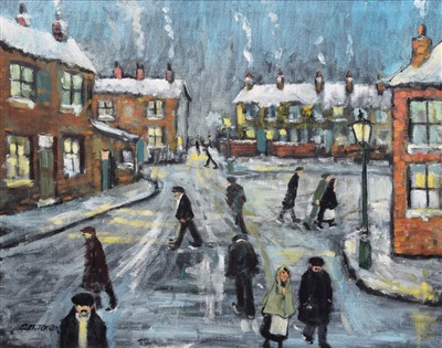 Lot 426 - Charles M. Jones, Street scene with figures, oil