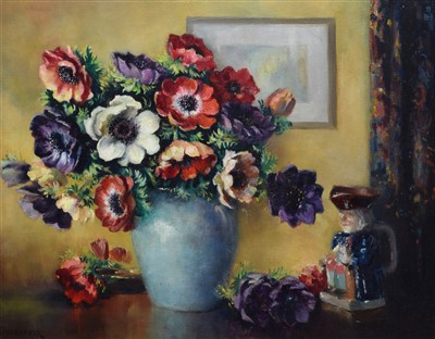 Lot 464 - James Hardaker, Still life of anemones in a vase, oil.