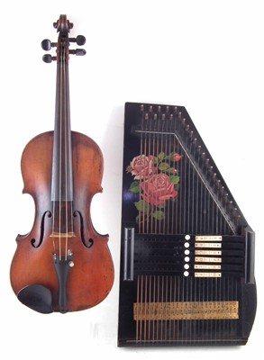 Lot 113 - German violin in case with two bows and an autoharp