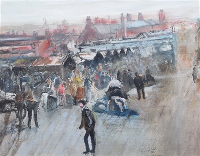 Lot 512 - John Thompson, "Village Market", mixed media on paper.