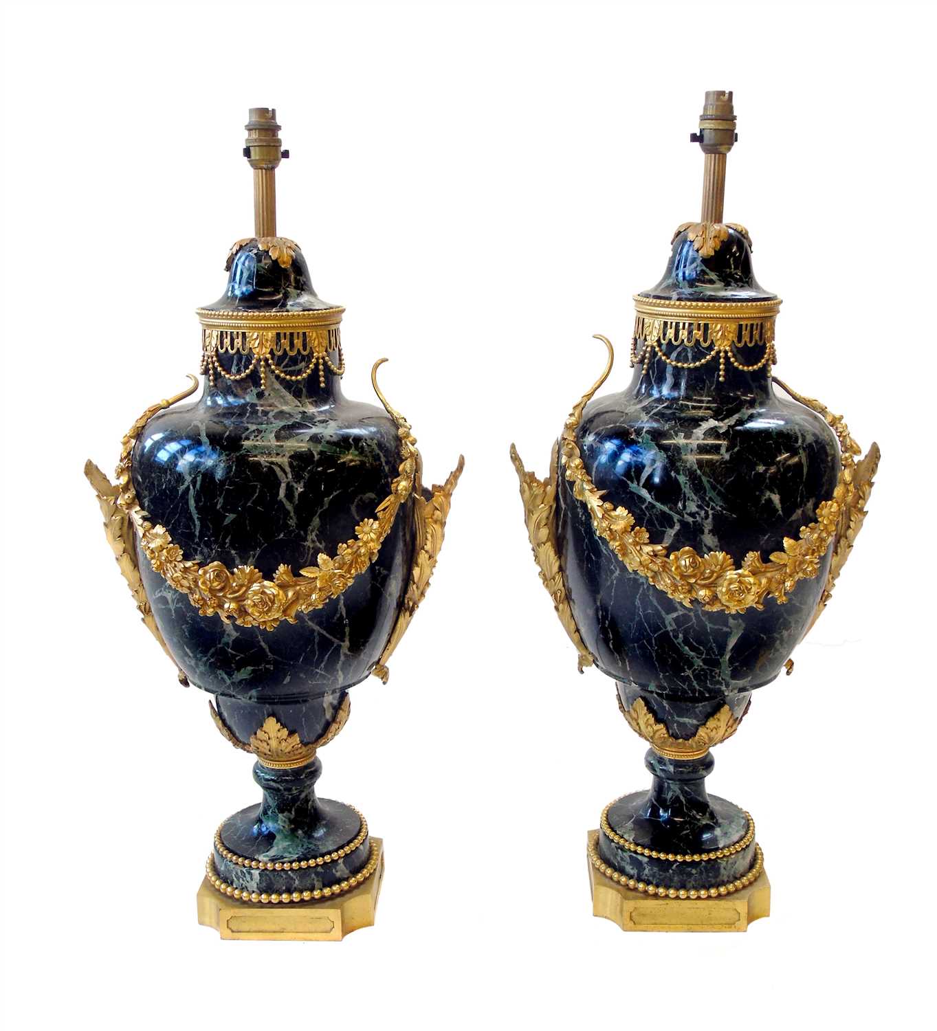 263 - Pair of 20th century Italian green veined marble urn shaped table lamps