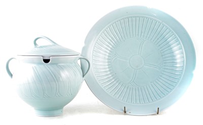 Lot 248 - Derek Emms (1929-2004) Celadon dish and tureen, the dish measure 34cm wide.