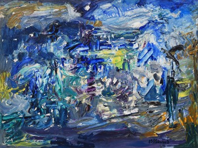 Lot 54 - J.L. Isherwood, "Fisherman, Sea Cliffs, Polperro", oil.